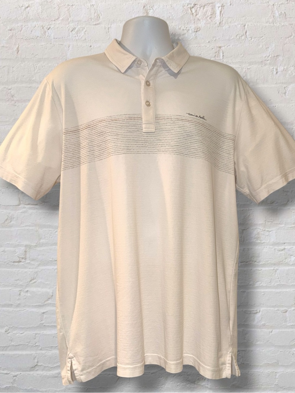 TravisMathew Brecon Range Golf Polo Shirt Mens XL White Chest Stripe Pima Cotton